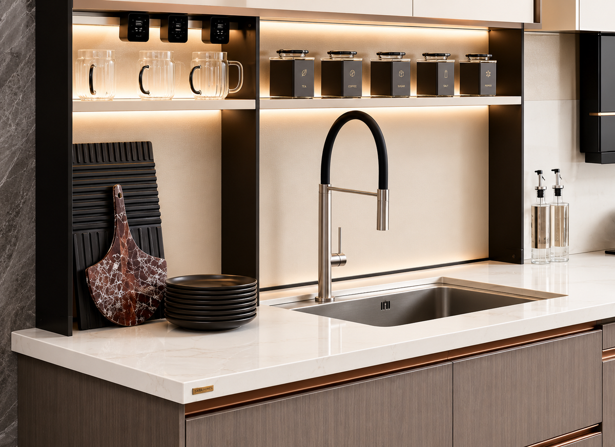Modern kitchen sink area with a tall curved matte black faucet, stainless steel sink, white countertop, and dark wood cabinetry. Shelves above hold glass mugs and dark storage boxes.