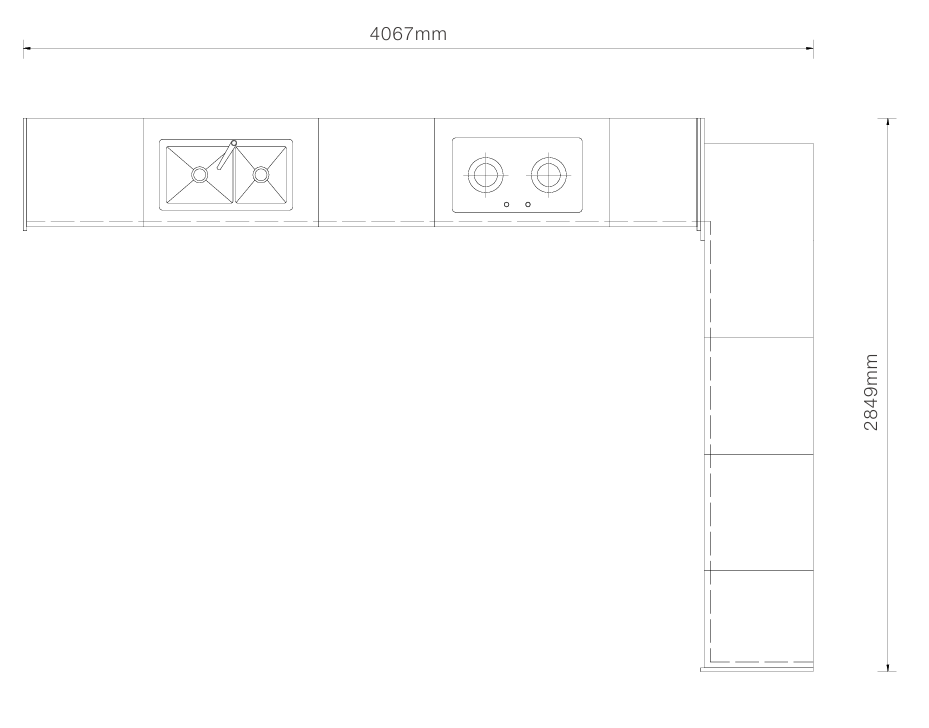 A black and white kitchen cabinetry layout diagram showing a corner kitchen design with dimension annotations of 4067mm width and 2849mm height.