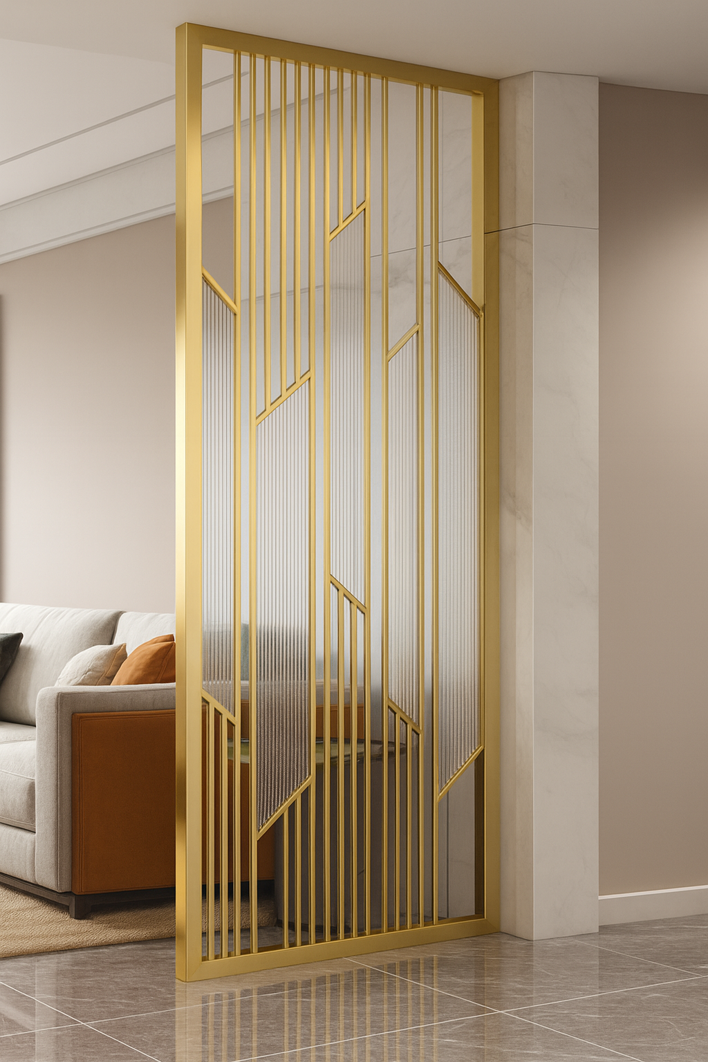 Luxury geometric room divider featuring vertical metal lines and translucent fluted glass