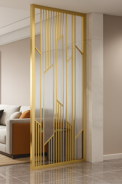 Luxury geometric room divider featuring vertical metal lines and translucent fluted glass