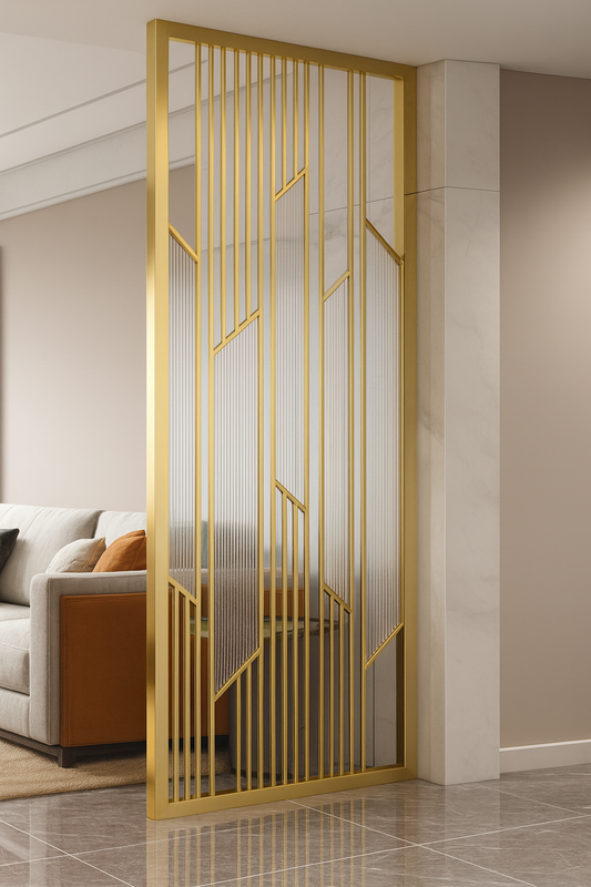 Luxury geometric room divider featuring vertical metal lines and translucent fluted glass
