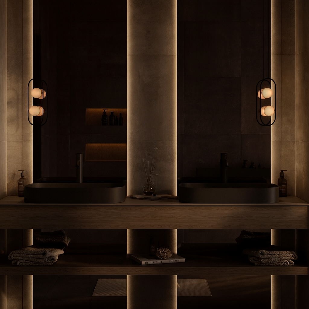 Dark luxury bathroom with double matte black basins, warm backlit wall panels, wood open-shelf vanity, and ambient pendant lighting – SAIBA Homes.