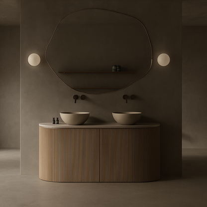 Curved fluted wood double vanity with sculpted vessel basins, minimalist wall-mounted faucets, and warm, monochromatic modern bathroom design – SAIBA Homes.