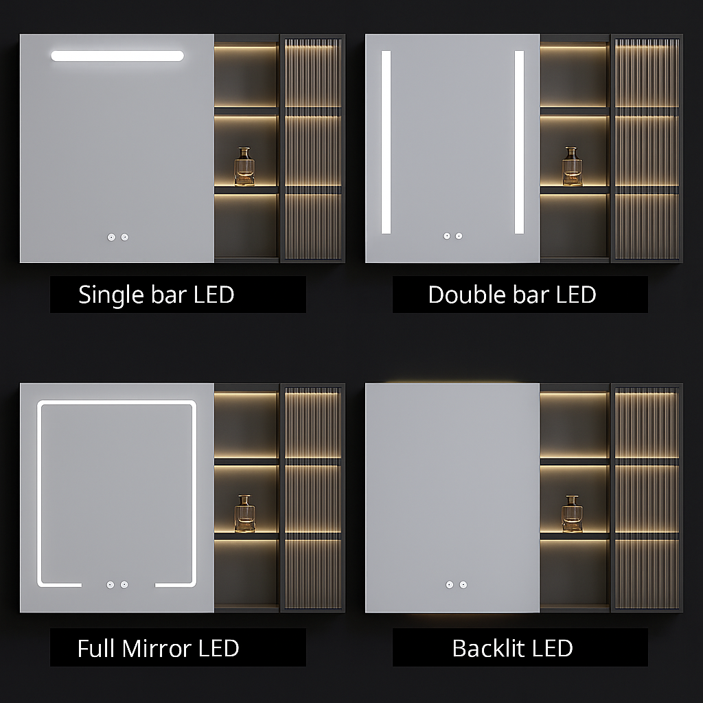 LED mirror configurations for modern vanities showing single bar, double bar, full mirror, and backlit illumination options.