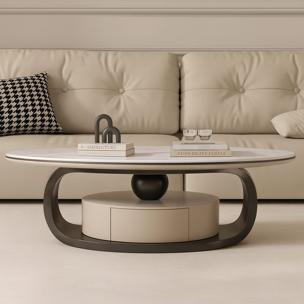 Modern coffee table with decorative items in a living room setting