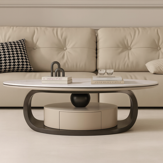 Modern coffee table with decorative items in a living room setting