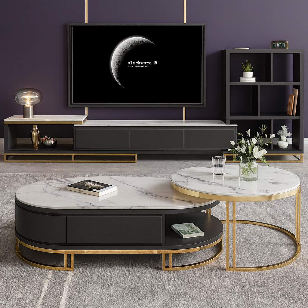 Modern living room with black and gold coffee table, marble surface, and television console.