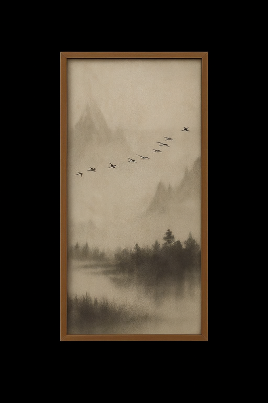 Montaro rose gold framed wall partition featuring misty mountain landscape artwork