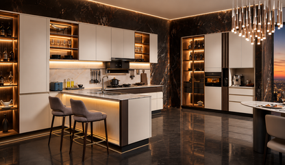 A luxury modern kitchen interior with white cabinetry, dark marble walls and floor, built-in shelving with warm lighting, a central island, two bar stools, and a chandelier overhead.