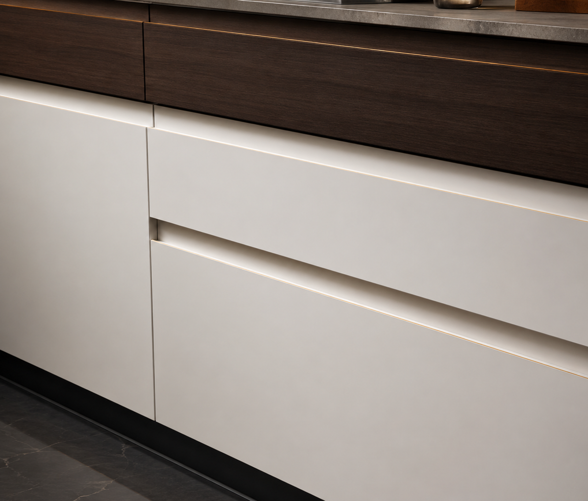 Close-up of modern kitchen cabinetry with two large white drawers featuring horizontal recessed handles and a dark wood countertop above.
