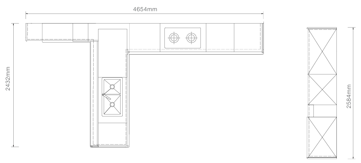 Black and white kitchen cabinet layout schematic showing a top-down plan view with dimensions 4654mm in width and 2452mm in height, alongside a side profile view with 2654mm height.