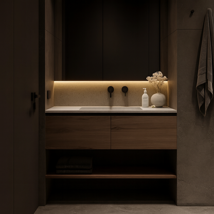 Walnut wall-mounted vanity with integrated basin, warm backlit backsplash, matte black wall-mounted faucets, and open lower shelving – SAIBA Homes.