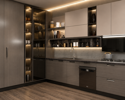 Modern kitchen cabinetry and appliances in a sleek, contemporary design. Features light wood grain lower cabinets, dark wood upper cabinets with integrated glass-front shelves illuminated by warm LED lighting, a dark countertop with a sink and faucet, a built-in dishwasher, a gas stove, and a black range hood.
