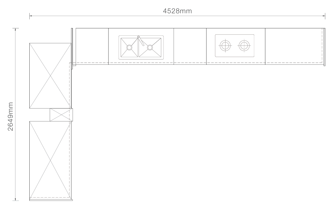 A black and white technical line drawing showing a kitchen layout with dimension annotations of 4528mm in width and 2649mm in height.