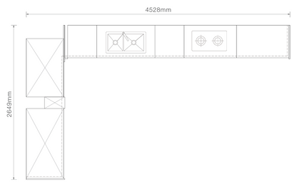 A black and white technical line drawing showing a kitchen layout with dimension annotations of 4528mm in width and 2649mm in height.