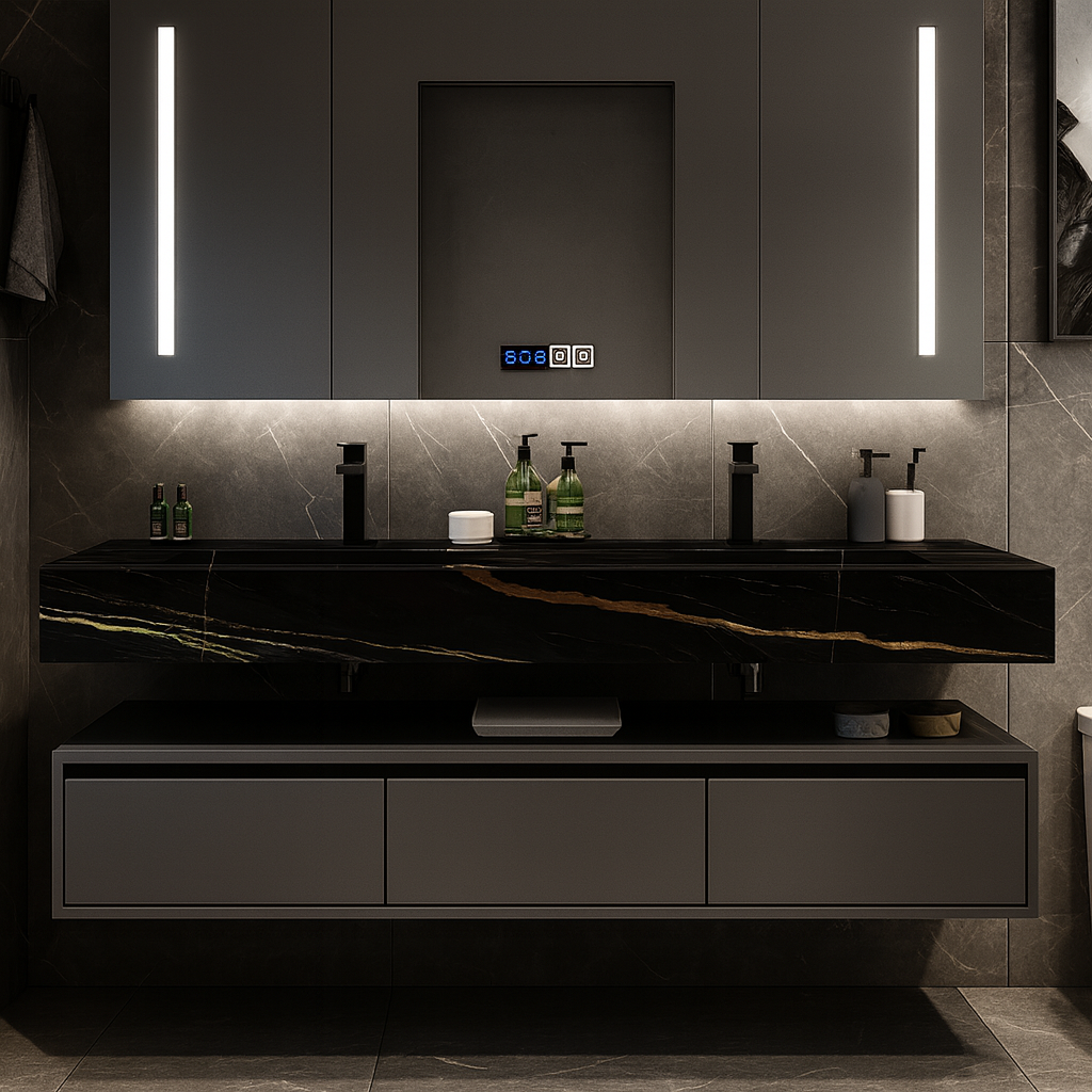 Black marble floating double vanity with integrated basin, matte black faucets, LED mirror cabinet, and modern grey stone wall finish – SAIBA Homes.