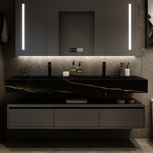 Black marble floating double vanity with integrated basin, matte black faucets, LED mirror cabinet, and modern grey stone wall finish – SAIBA Homes.