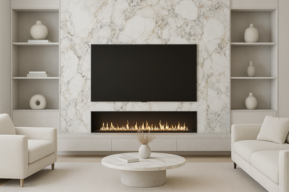 Neutral stone UHD wall panels with soft marbling used as a seamless feature wall in a modern commercial reception area