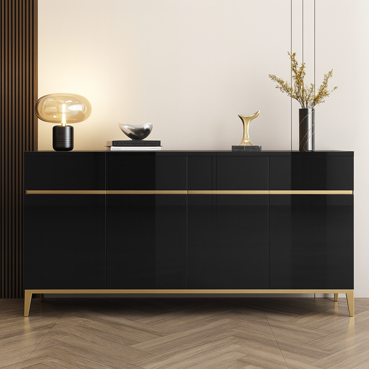 Black sleek console with gold accents in a modern interior setting