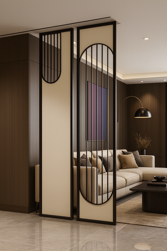 Contemporary stainless steel partition separating living and dining areas in an open-concept home