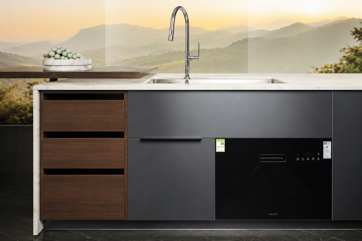 A modern kitchen cabinet system with dark gray doors, a wood-grain drawer on the left, a white countertop with a built-in sink and curved faucet, and a black built-in appliance on the lower right. A scenic mountain wallpaper is visible in the background.