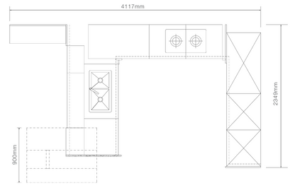 A black-and-white kitchen layout measurement diagram showing a top-down floor plan with dimension labels including 4117mm, 2349mm, and 900mm.