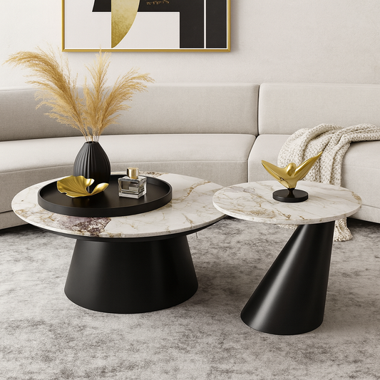 Modern coffee table set with decorative items in a living room setting