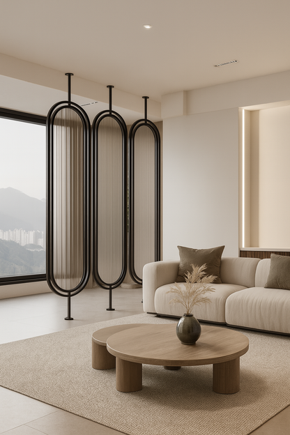 Black stainless steel room divider with fluted translucent panels in a contemporary interior.