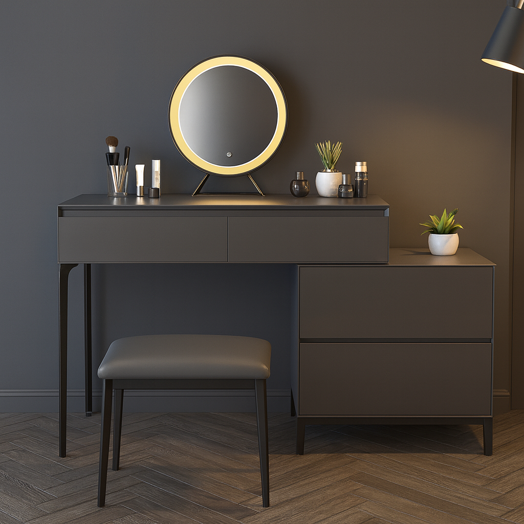 Dressing table with round mirror, stool, and decorative items against a dark wall.