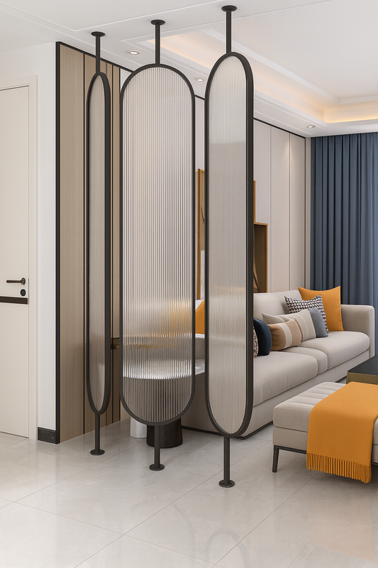 Noirmare ribbed acrylic and black metal room divider with curved panels in a modern interior