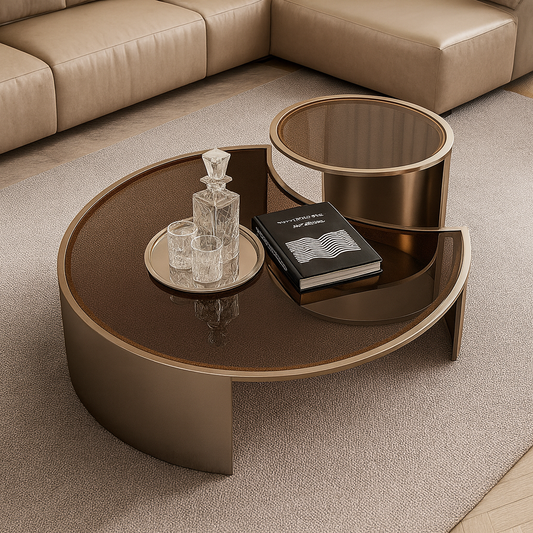 Modern brown coffee table with decorative items in a living room setting