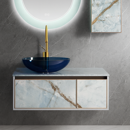 Sapphire blue glass vessel basin, bathroom vanity floating close-up