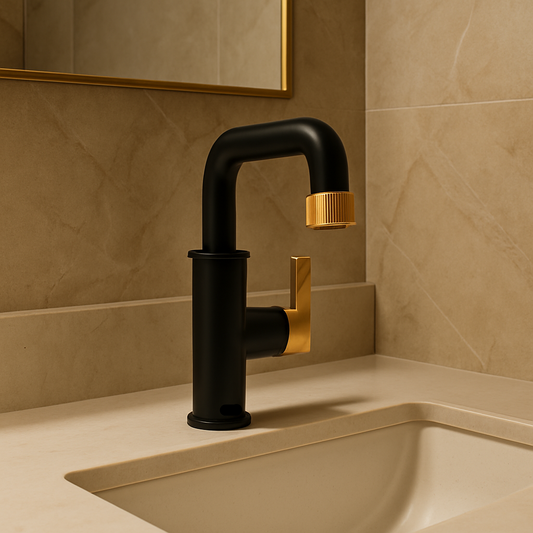 Onyxa Modern Matte Black & Gold Bathroom Faucet installed with countertop basin - premium brass construction