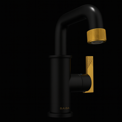 Close-up view of Onyxa luxury faucet in matte black and brushed gold accents on modern vanity