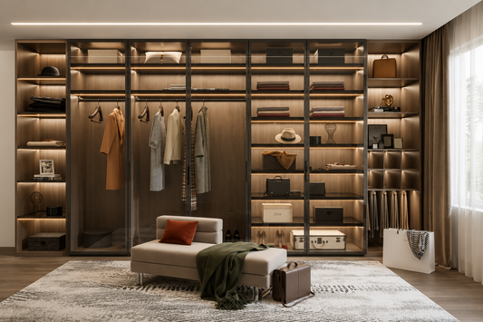A modern walk-in closet room with large dark-framed glass shelving and hanging cabinets, illuminated by warm built-in LED lighting. The closet is styled with clothing, bags, boxes, and accessories.