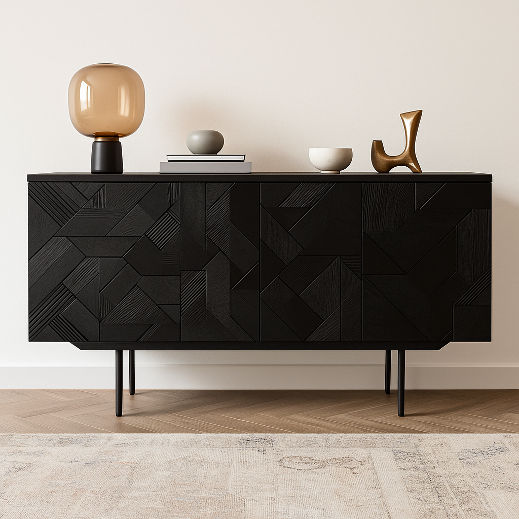 Black geometric-patterned console with decorative items against a beige wall.