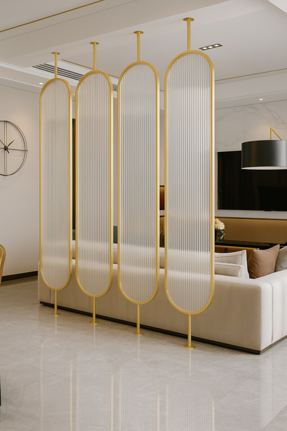 Tall oval-panel luxury room divider with translucent acrylic and gold posts.