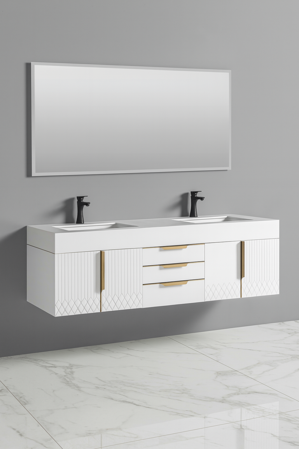 White floating double vanity with geometric door patterns, gold handles, dual integrated basins, and a large frameless mirror – SAIBA Homes.