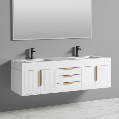 White geometric-pattern bathroom vanity front close-up.