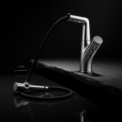 Pull-out sprayer extended from chrome kitchen faucet.