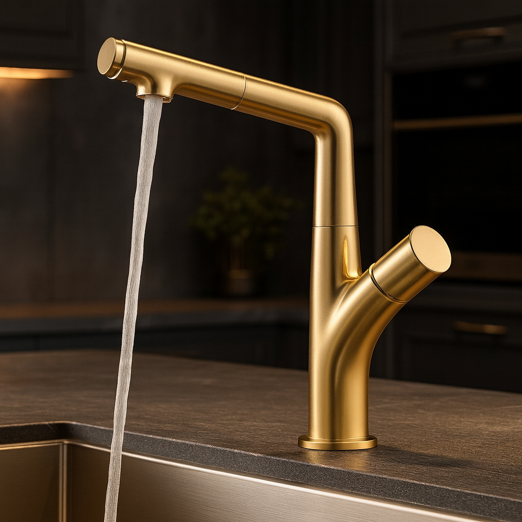 Brushed gold luxury kitchen faucet with pull-out spray