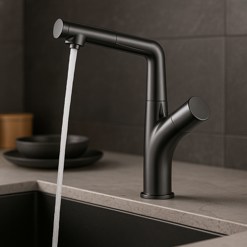 Gunmetal gray solid brass pull-out kitchen faucet — modern design