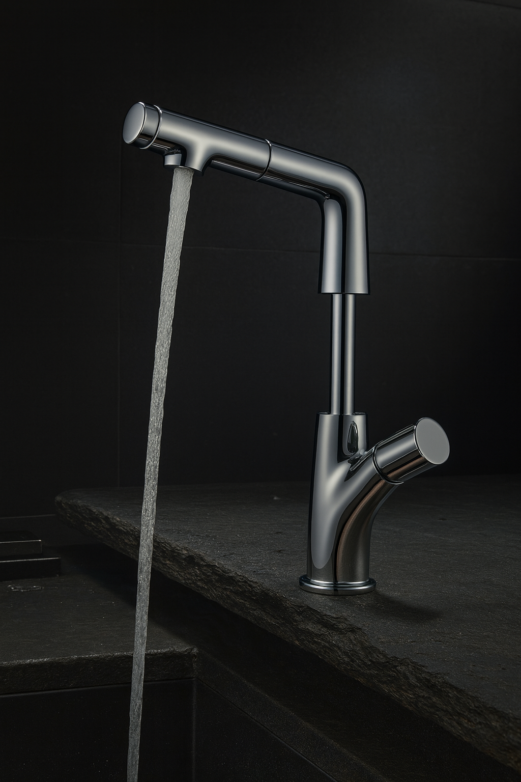 Modern kitchen faucet with water flowing on a dark background