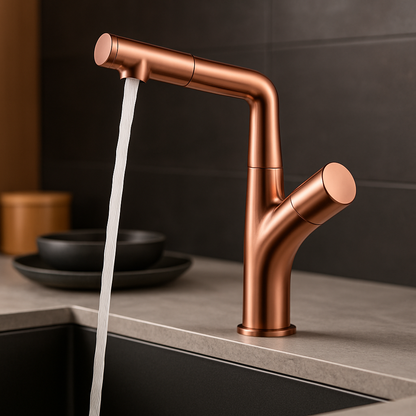 Rose gold contemporary kitchen faucet with pull-out nozzle