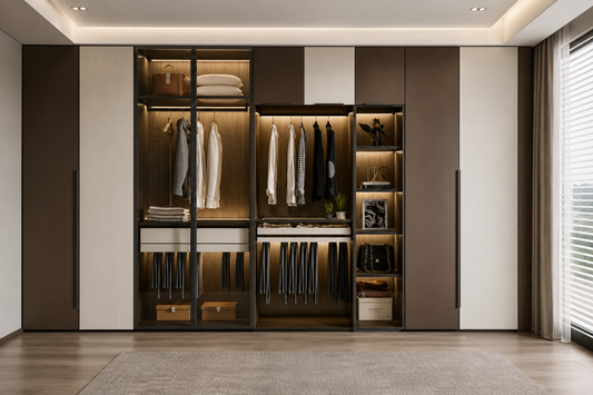 A modern built-in wardrobe system with dark brown and off-white doors, glass panels, hanging rods, shelves, and warm under-cabinet lighting, shown in a styled interior room with wood flooring and a window.