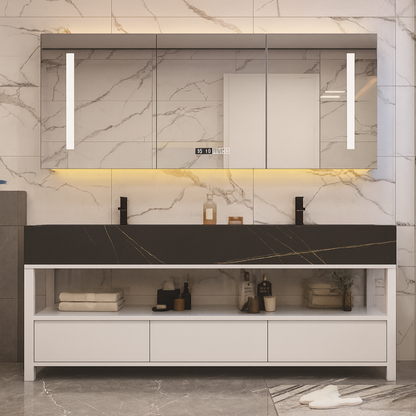 Black marble-look countertop with gold veining bathroom vanity. Luxurious high end aesthetic.