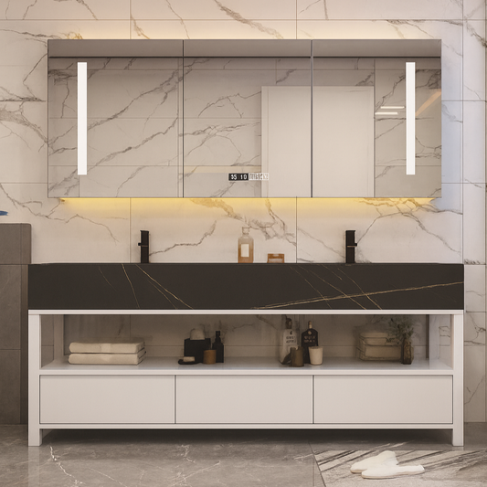 Black marble-look countertop with gold veining bathroom vanity. Luxurious high end aesthetic.