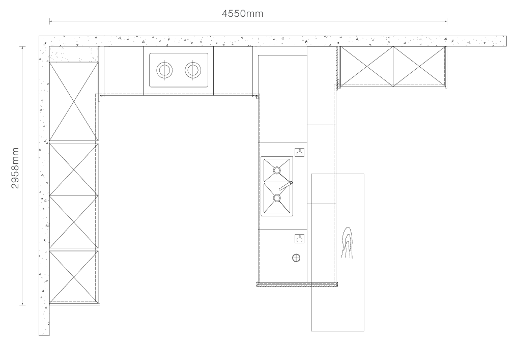 A black-and-white kitchen layout schematic showing a top-down floor plan with dimension labels 4550mm and 2950mm, including cabinetry, counters, and appliance outlines.