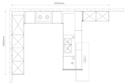 A black-and-white kitchen layout schematic showing a top-down floor plan with dimension labels 4550mm and 2950mm, including cabinetry, counters, and appliance outlines.