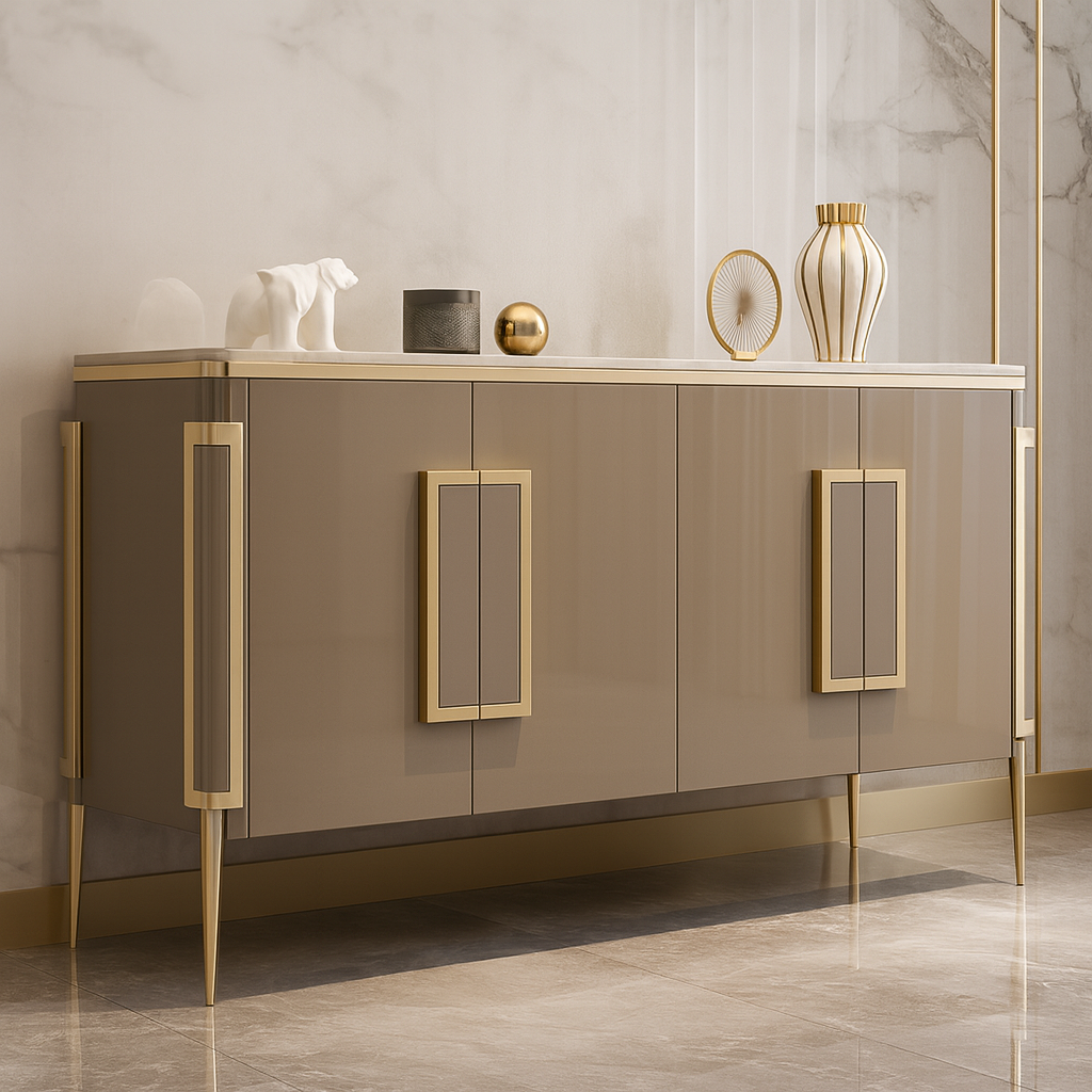 Beige console with gold accents in a modern interior setting